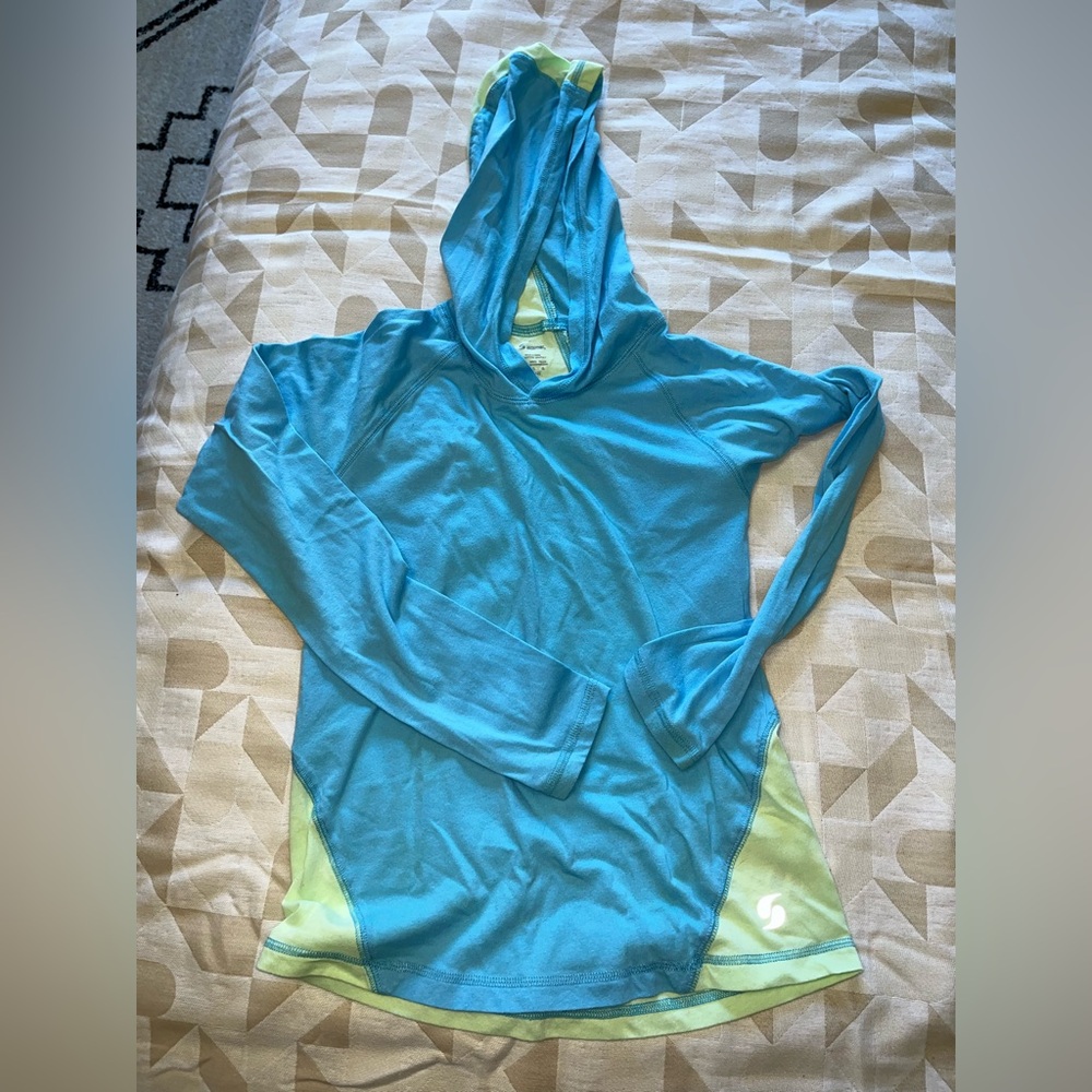 Blue and Green Hooded Long Sleeve Shirt